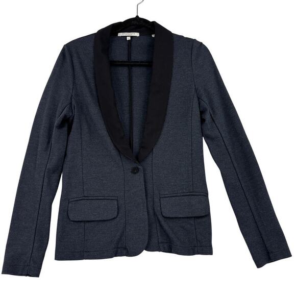Bella Luxx Perfect Everyday Blazer Size S Blue Black Stretch Jacket Silk Collar - Picture 1 of 13
